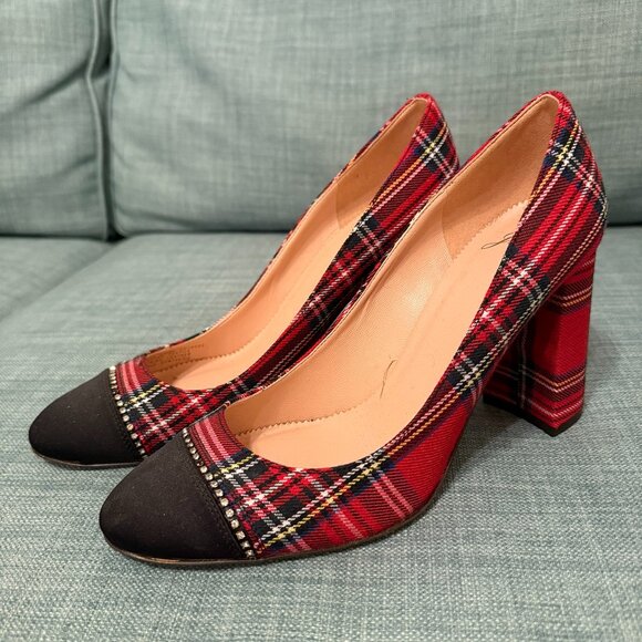 J. CREW Red Stewart tartan pumps with cap-toe detail - never worn, size 8.5 - Picture 2 of 6